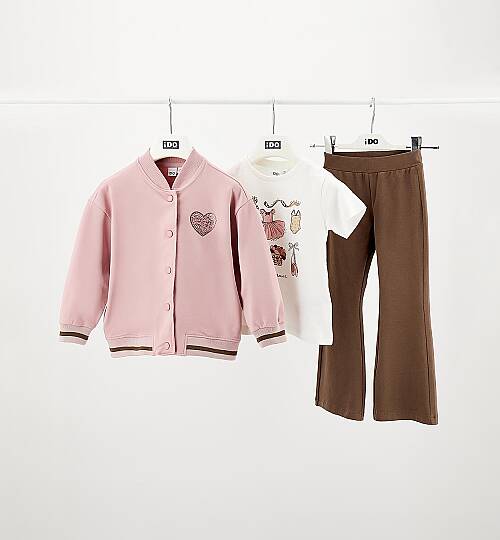 Kız Çocuk 3'lü Kombin Set-Pembe Kolej Ceket, tshirt ve İspanyol Paça Pantolon