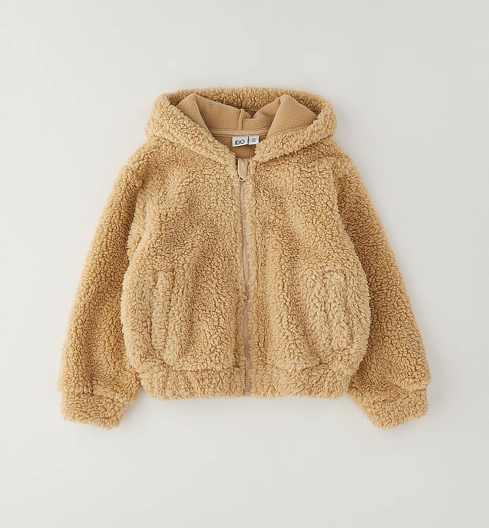 Taba Renk Peluş Kapüşonlu Sweatshirt /Ceket - 1